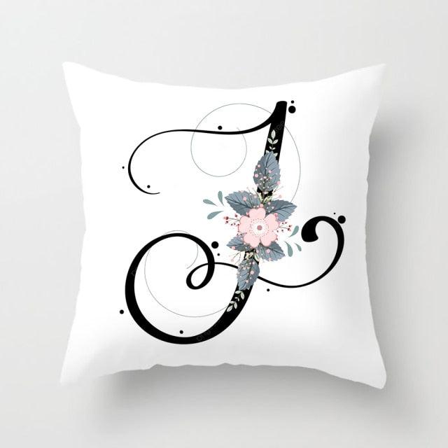 Black Alphabet Flower Print Pillow Cover White Polyester Modern Cushion Cover Decorative Pillowcase For Sofa Bed Chair Car Throw Pillow Covers Decorative Pillow Cases ABC Letter Cushion Covers Square Pillow Protectors Home Decor 45x45cm