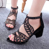 Black Luxury Style Women Summer Sandals Hollow Out Leather Rhinestones Thick Heel Zipper Sandals Beach Sandals Rhinestone Hollow Out Non Slip Breathable Casual Rhinestone Summer Fashion Comfy Sandals