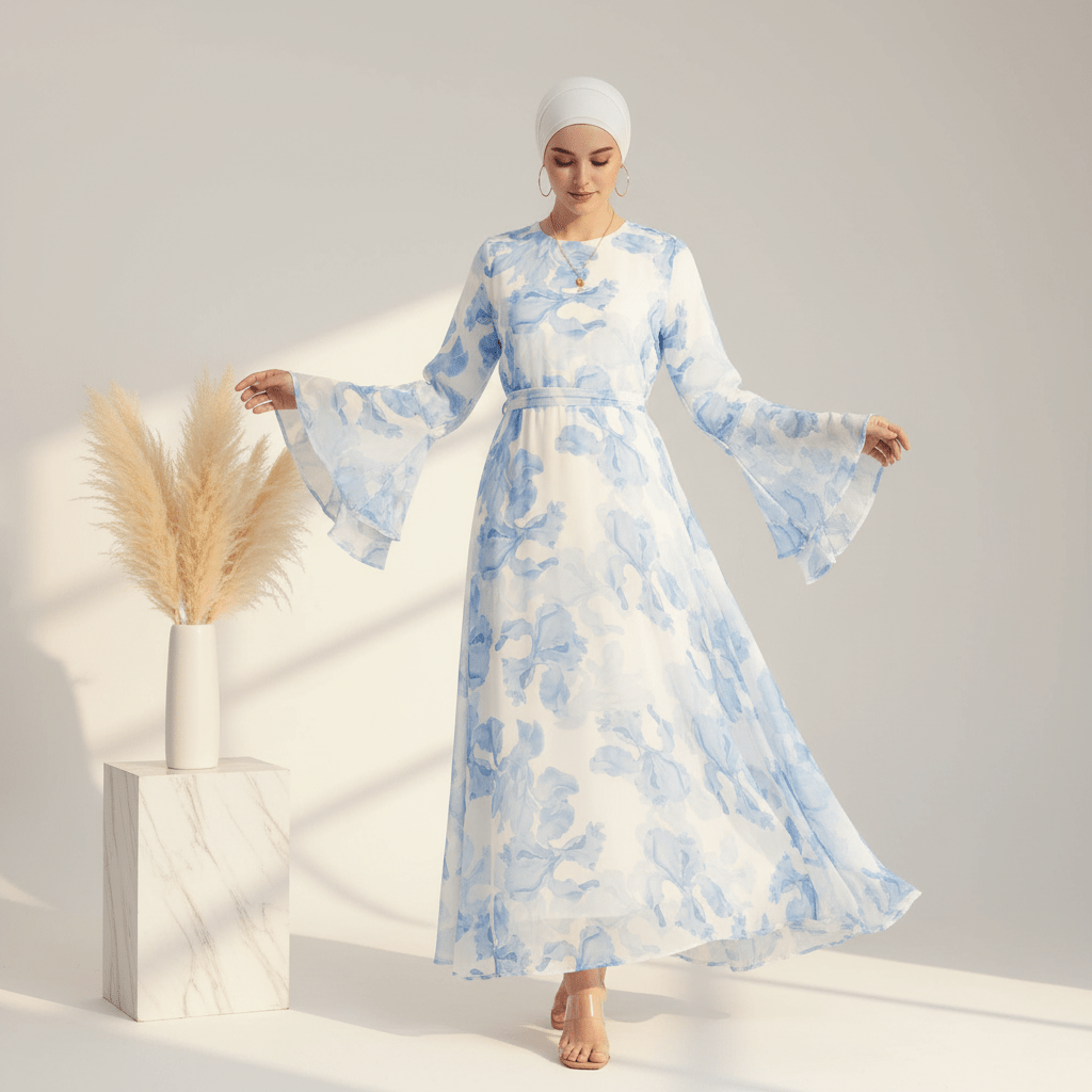 Blossom Printed Chiffon Abaya | Flared Sleeve Abaya (MA149)