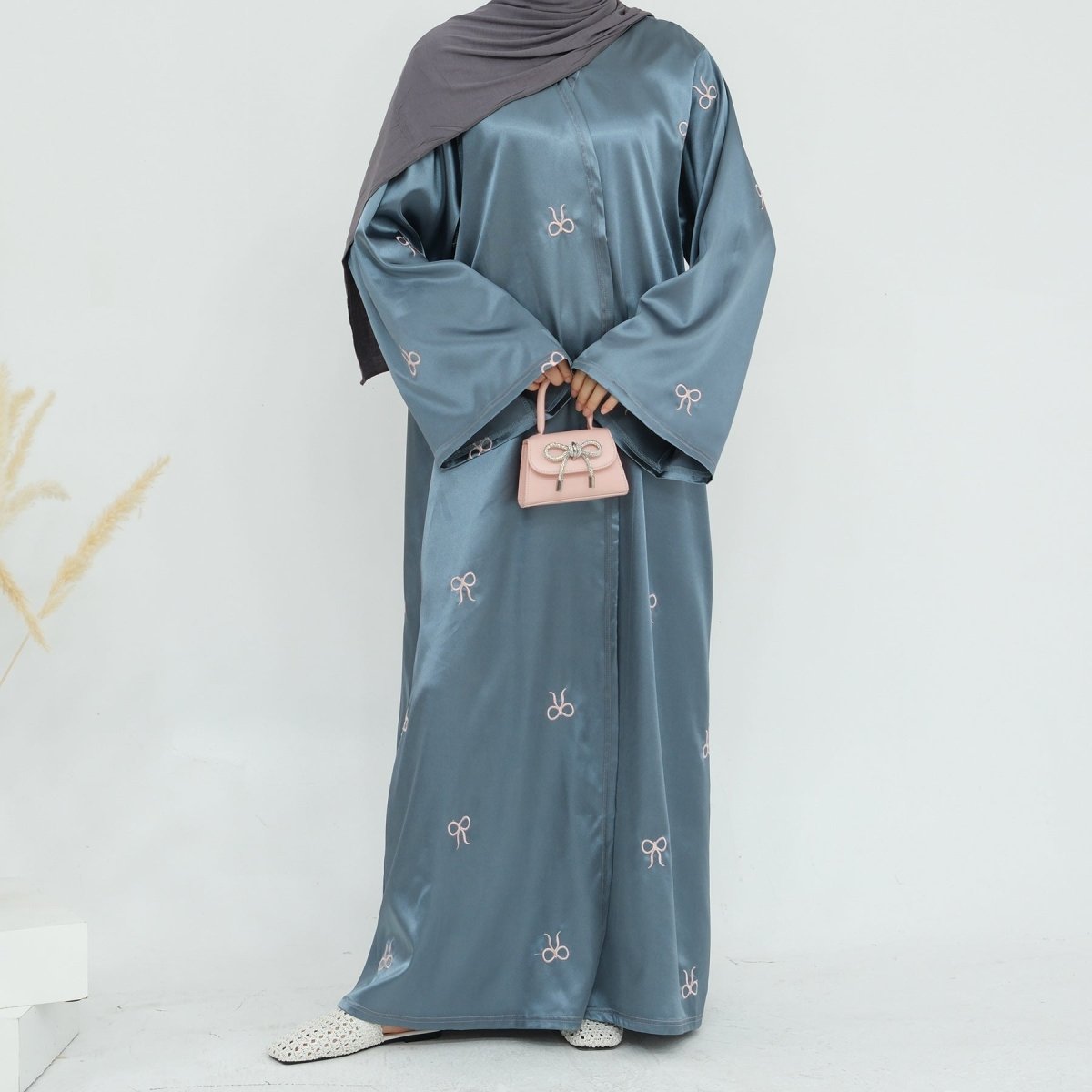 Bow Embroidered Glossy Open Abaya (MOA102)