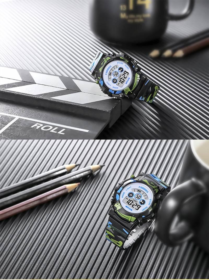 Boys Sports Military Kids Digital Watches Student Childrens Watch Fashion Luminous Led Alarm Camouflage Green Waterproof 7 Color Led Backlight Multifuction Wristwatch For Boys Girls