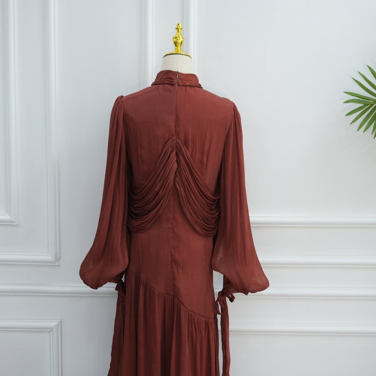 Braided Collar Ruched Fringe Maxi Dress(MS406)