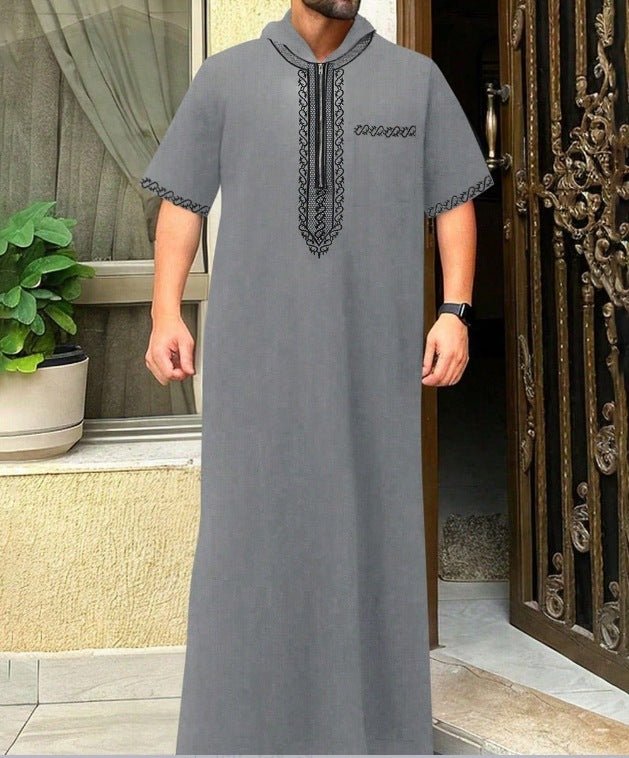 Breathable 3D Digital Print Striped Thobe Men's Loose Fit Short Sleeve Muslim Robe with V-Neck (MT033)
