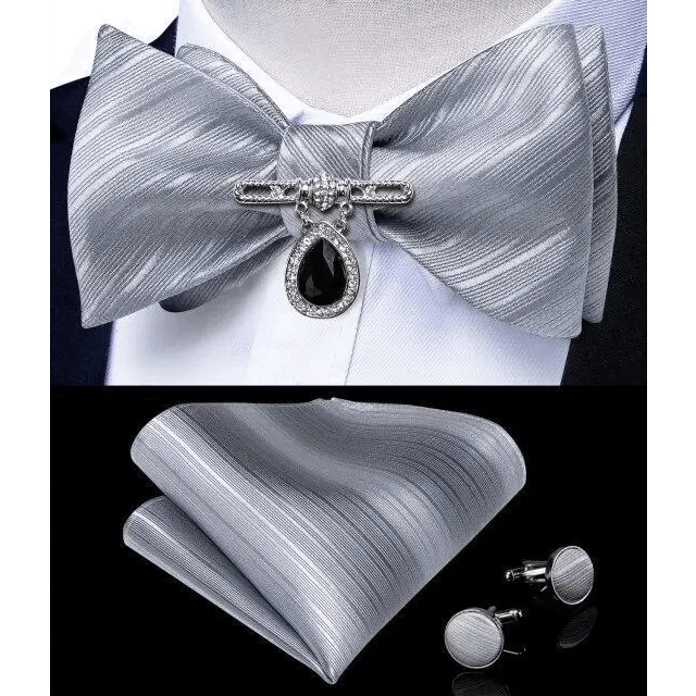 Business Elegant Gold Black Pattern Elegant Wedding Silk Bowtie Men Butterfly Fashion Bow Ties Pocket Square Classic Business Tuxedo Wedding Bowties Handkerchief Set