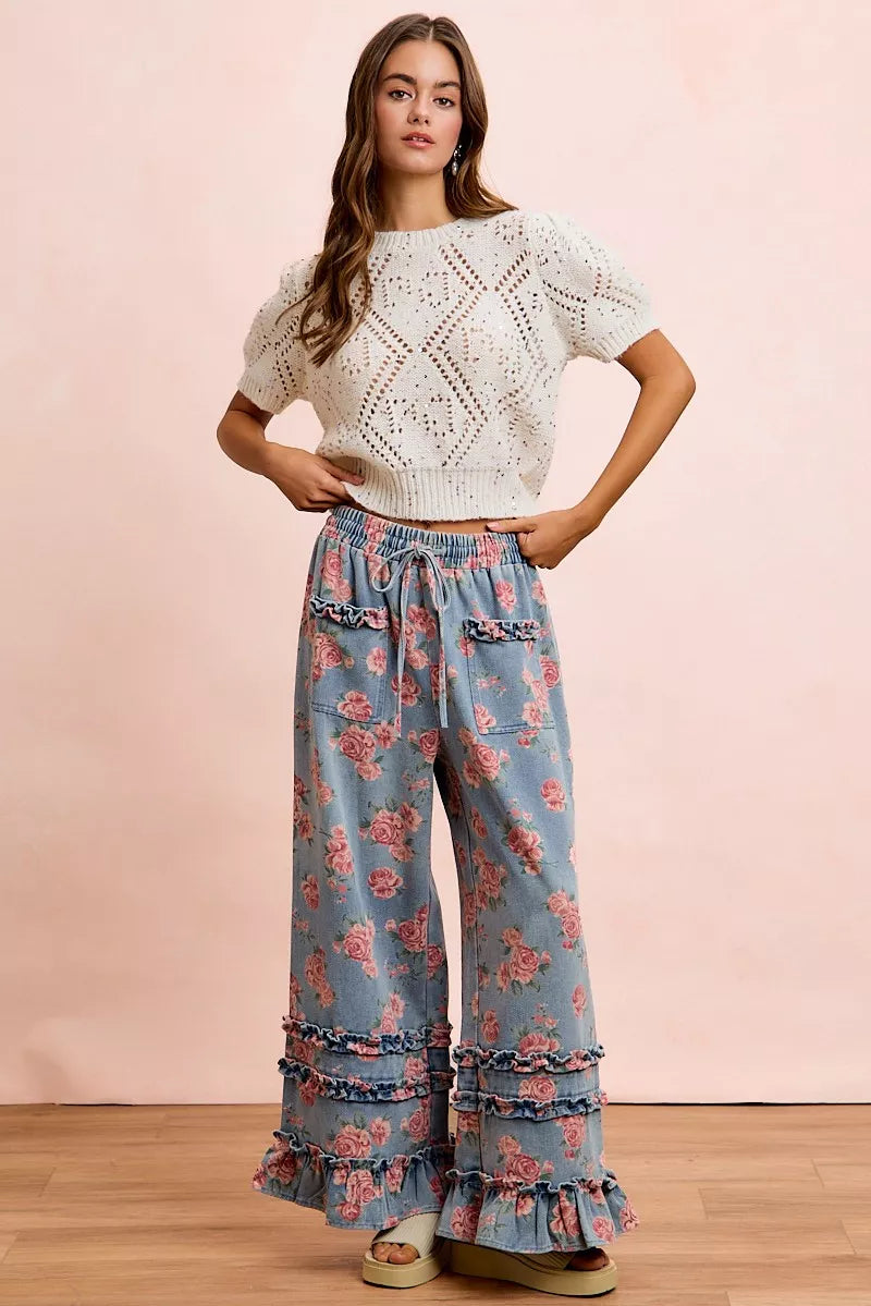BiBi Washed Floral Denim With Ruffle Elastic Wide Pants