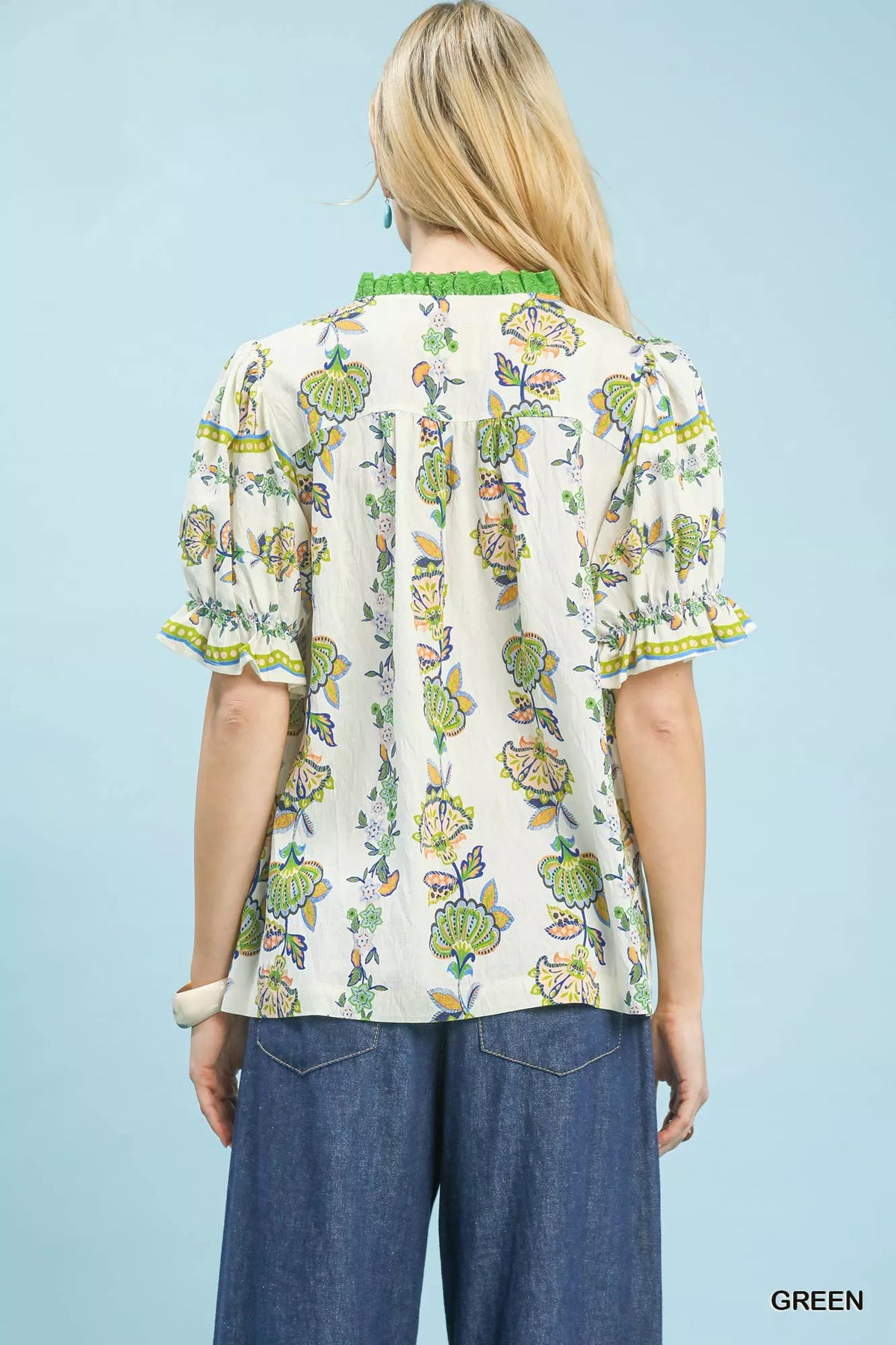 Umgee Abstract Border Print V-Neck Top