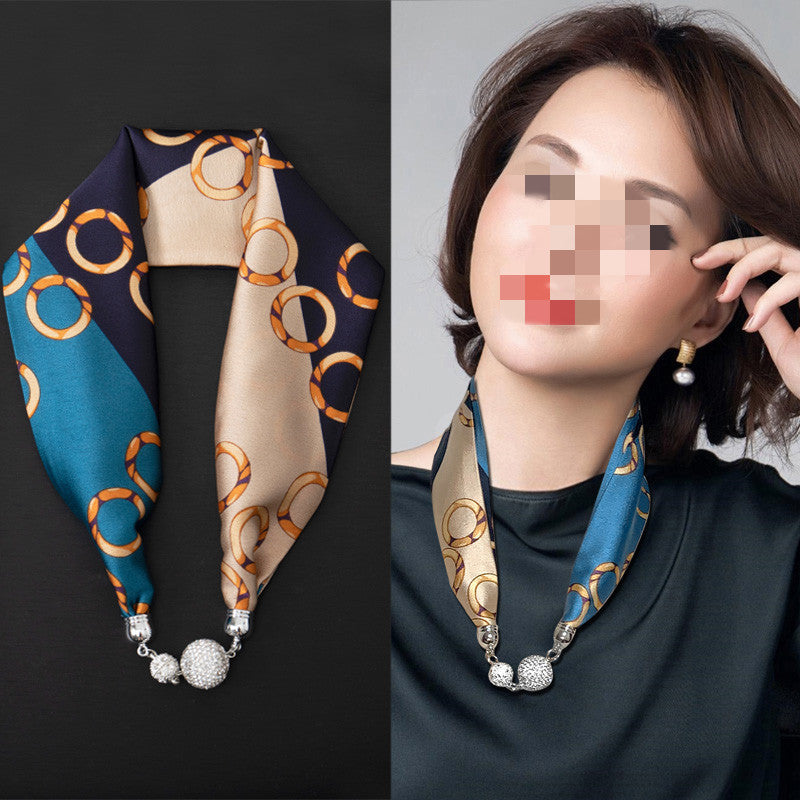 Magnetic Buckle Silk Women Scarf Pearl Necklace (See size chart where applicable)