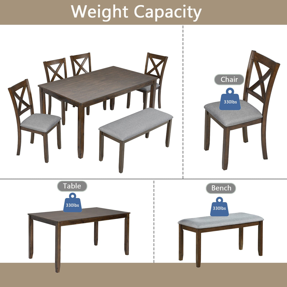 6PCs Kitchen Dining Set, Rectangular Wooden Dining Table with 4 Upholstered Chairs and a Bench, Dining Table Set for 6 People, Living Room, Home Bar and Kitchen, Walnut