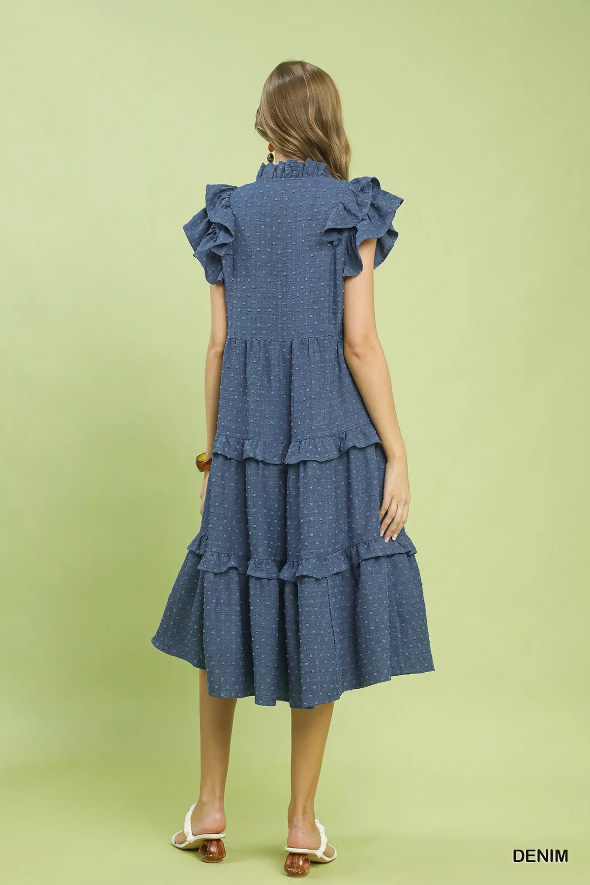Umgee Textured Ruffle Sleeve Tiered Midi Dress