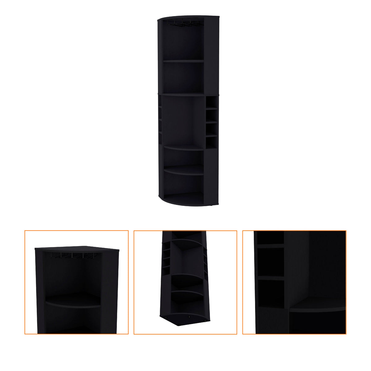 FM FURNITURE Clifton Corner Bar Cabinet, with 5 shelves,Cup Hanger and Eight Built-in Wine Rack, Black