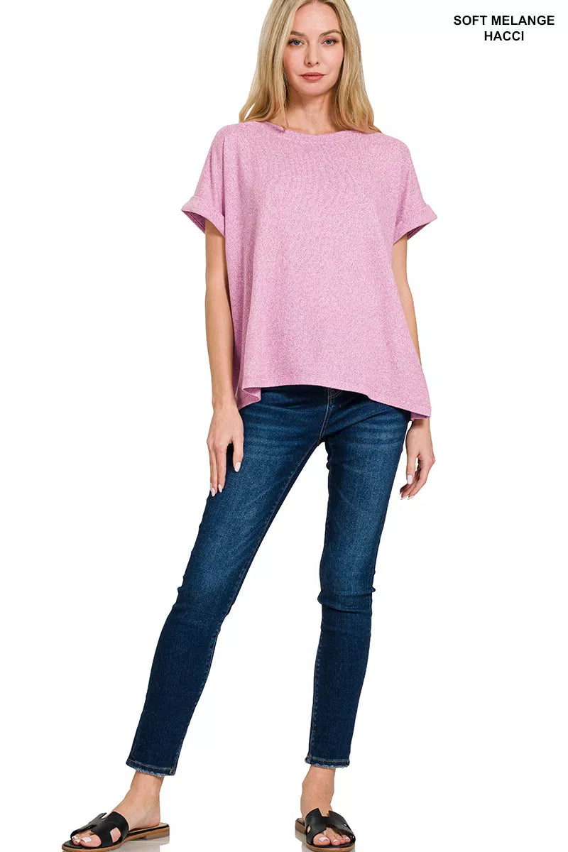 Zenana Soft Melange Hacci Short Sleeve Round Neck Top