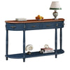 Retro Curved Wood Console Table, 52 inch Circular Half Moon Sofa Table with Open Shelf and 2 Drawers, Solid Wood Entry Table for Living Room, Hallway, Navy Blue + Brown Top