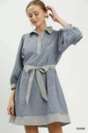 Umgee Striped Contrast Belted Puff Sleeve Mini Dress
