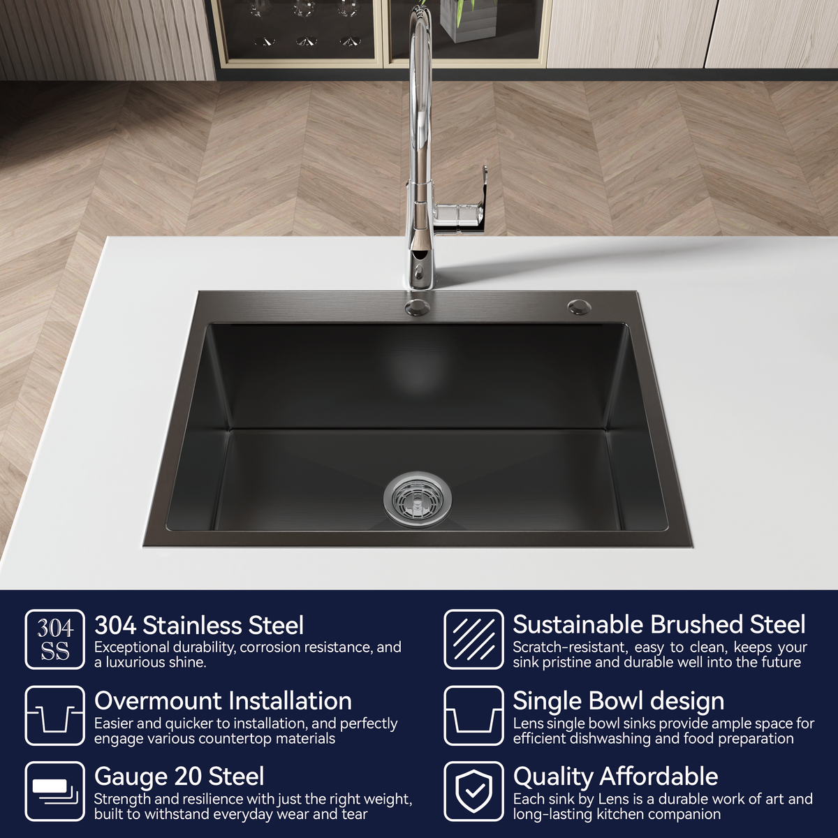 Stainless Steel Kitchen Sink, 27″x19″ Single Bowl, Overmount Handmade Sink in Black, with US Standard Drain and Hook, LS-SSBL01