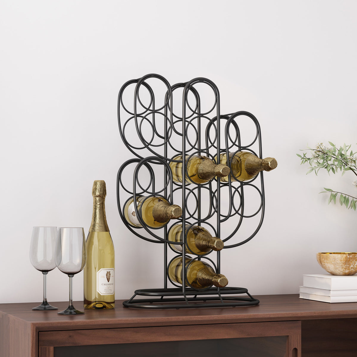 Modern Industrial Tabletop Wine Rack with Cactus Design in Black Metal for 13 Bottles
