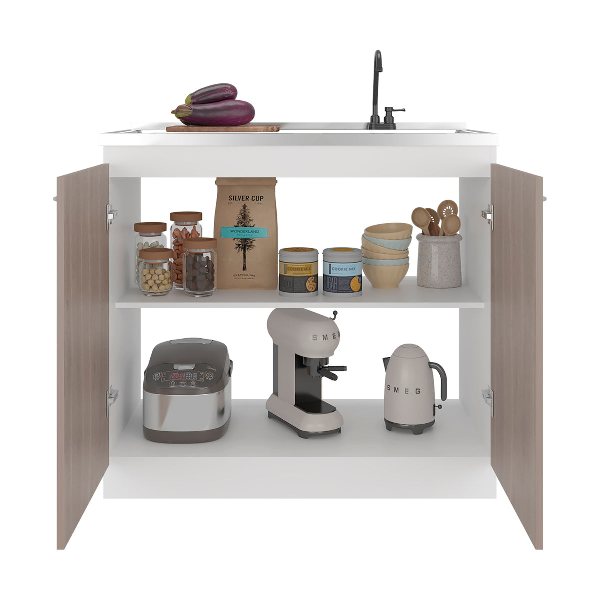 Salento Freestanding Sink, Double Door Cabinet, Two Shelves, White / Ligth Grey