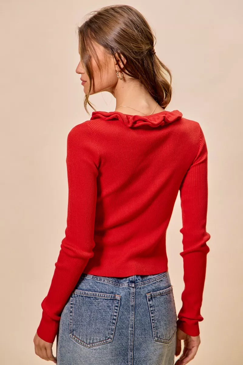SO ME Cascade Ruffle Ribbed Sweater Cardgian