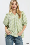Umgee Gingham Puff Sleeve Collared Blouse