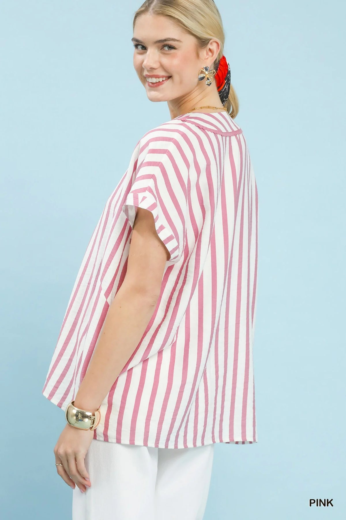 Umgee Mixed Stripe Split Neck Oversized Blouse