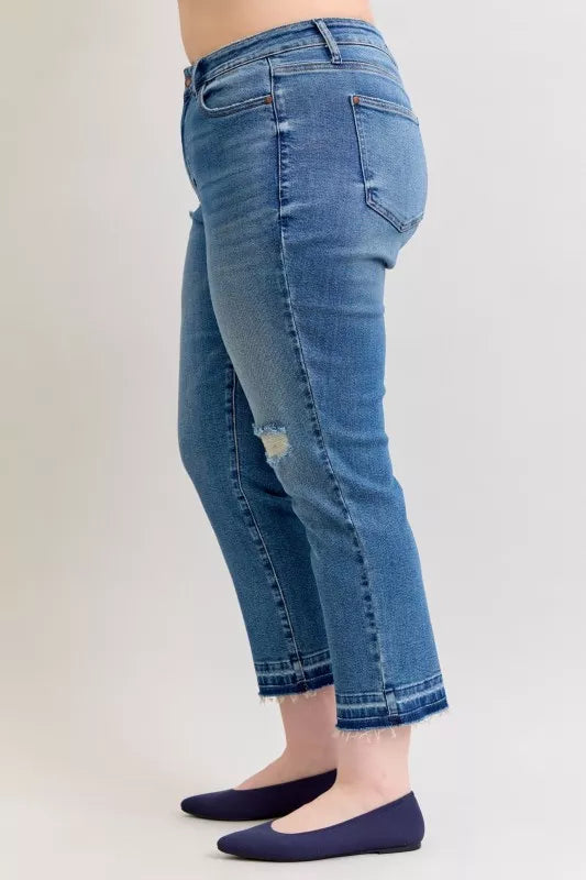Judy Blue Full Size Mid Rise Bf Patch & Repair Destroyed Release Hem Jeans Plus Size