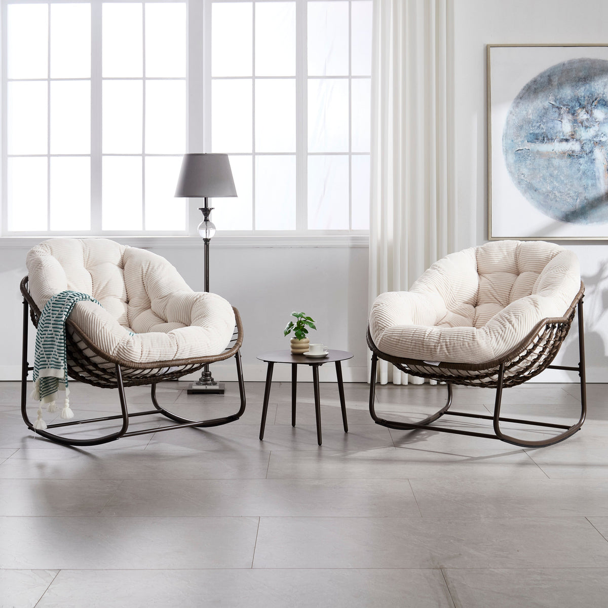 Outdoor Rattan Rocking Chair,Padded Cushion Rocker Recliner Chair Outdoor for Front Porch, Living Room, Patio, Garden, 
White