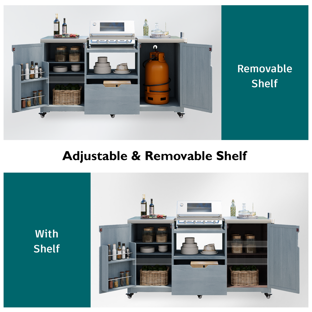K&K 66.5' Outdoor Kitchen Island for Big Green Egg Grills, Solid Wood Outdoor Grill Cart for Tabletop Grill with Stainless Steel Top, Drawer, Compatible with Large Big Green Egg, Kamado Joe- Grey Blue