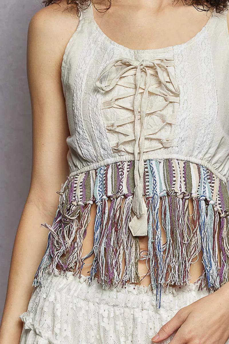 POL Lace-Up Fringe Hem Tank with Lace Detail