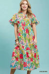 Umgee Tropical Floral Ruffle Sleeve Tiered Midi Dress