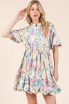 New Summer Floral Eyelet Lace Puff Sleeve Mini Shirt Dress For Women – Elegant, Trendy, Chic and Feminine Mini Shirt Dress with Puff Sleeves and Floral Eyelet Lace