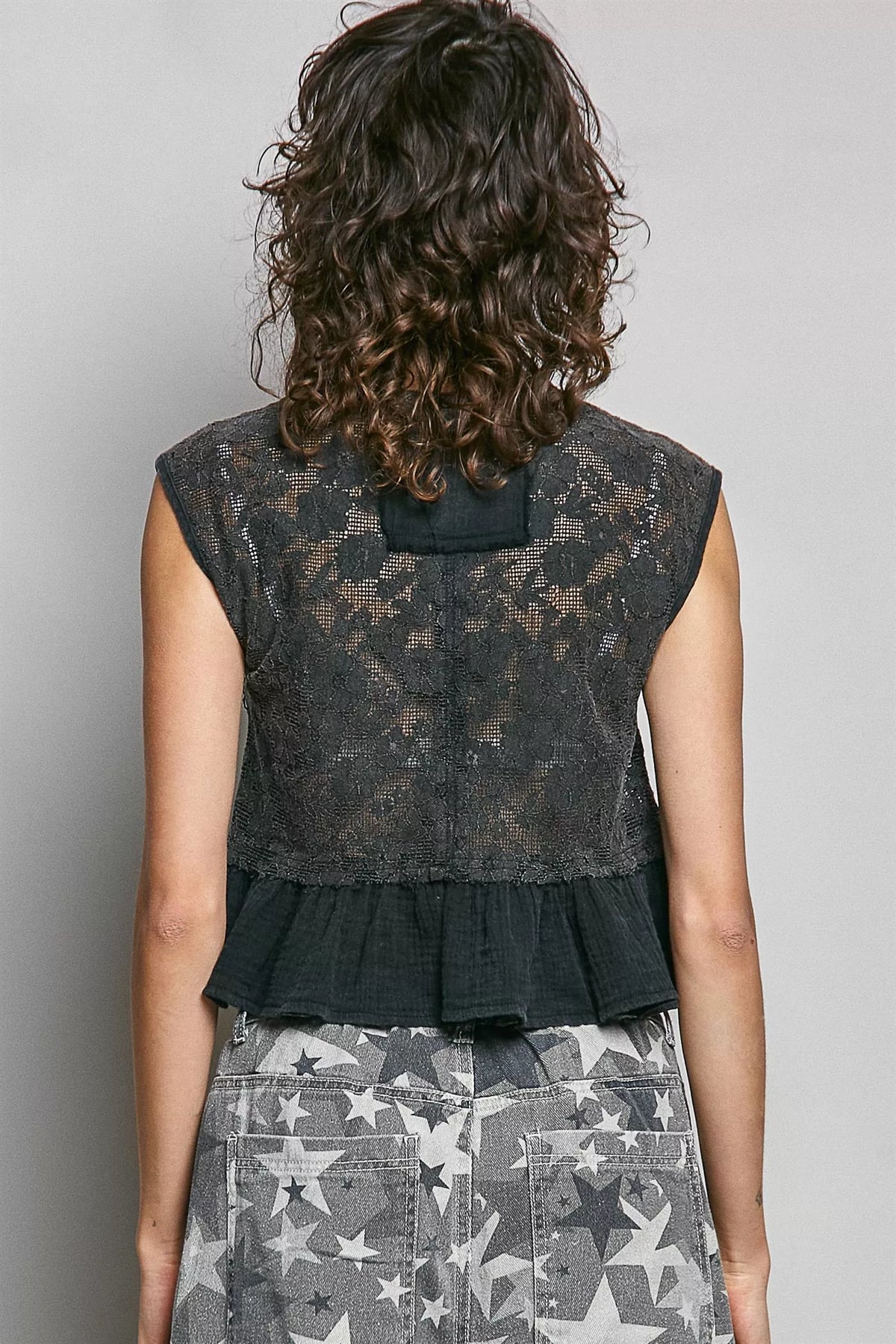 POL Round Neck Lace Sleeveless Top with Double Gauze Ruffle