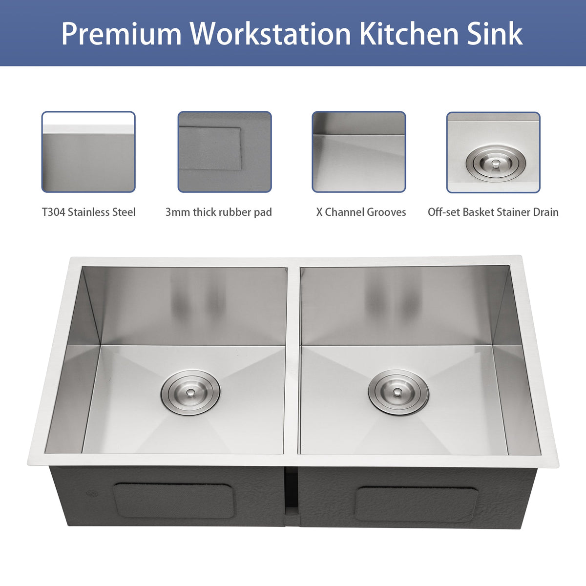 Brushed Nickel Undermount Double Bowl Kitchen Sink 33 x 19 in 16 Gauge Stainless Steel with 9 Inch Deep Basin