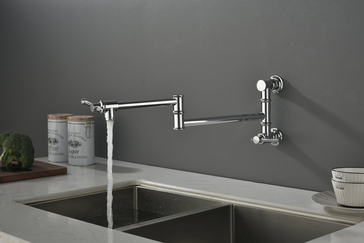 Wall mounted Pot Filler Faucet, Modern Brass Pot Filler Two-Attachment Wall Mount Folding Kitchen Pot Filler Swing Arm
