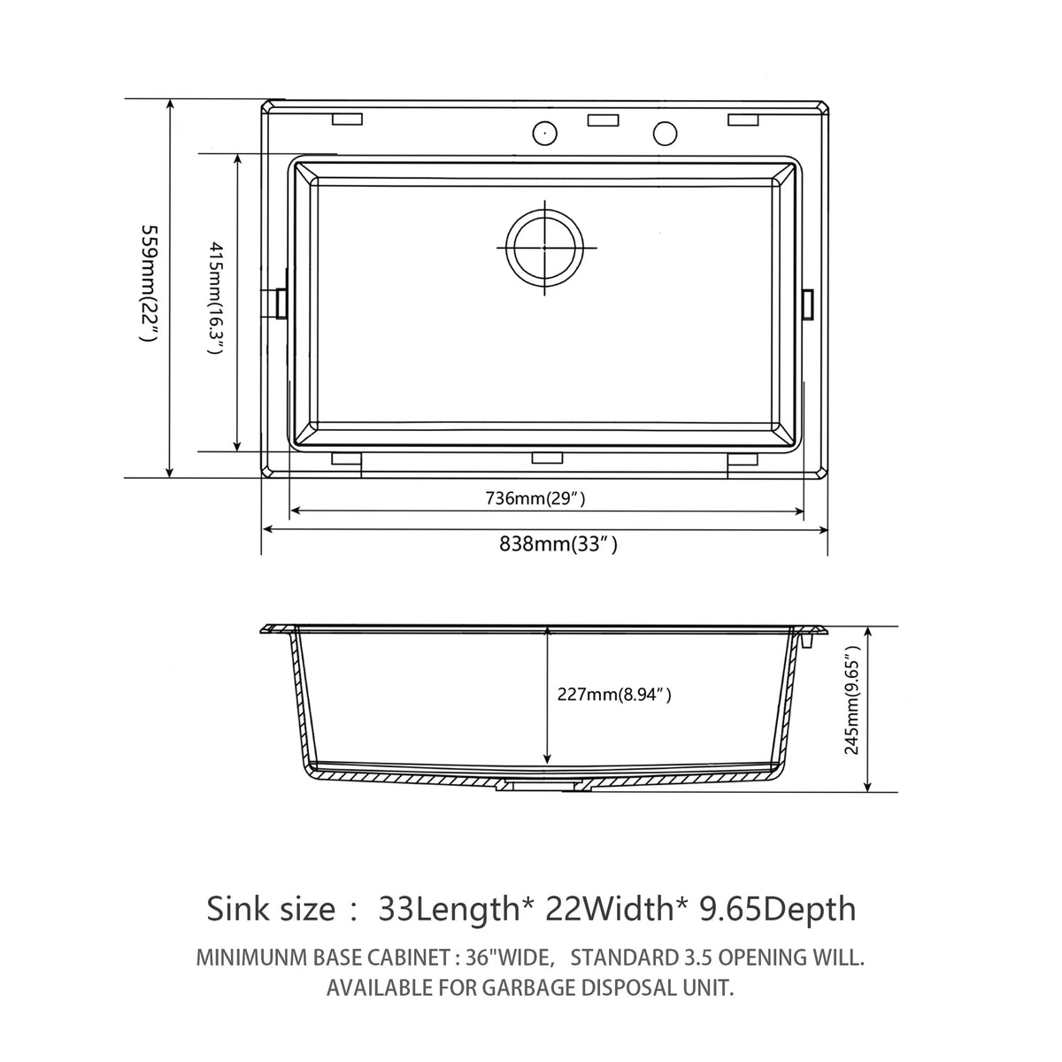 Quartz Kitchen Sink - 33' x 22' Black Granite Composite Drop-In Sink with Durable Construction