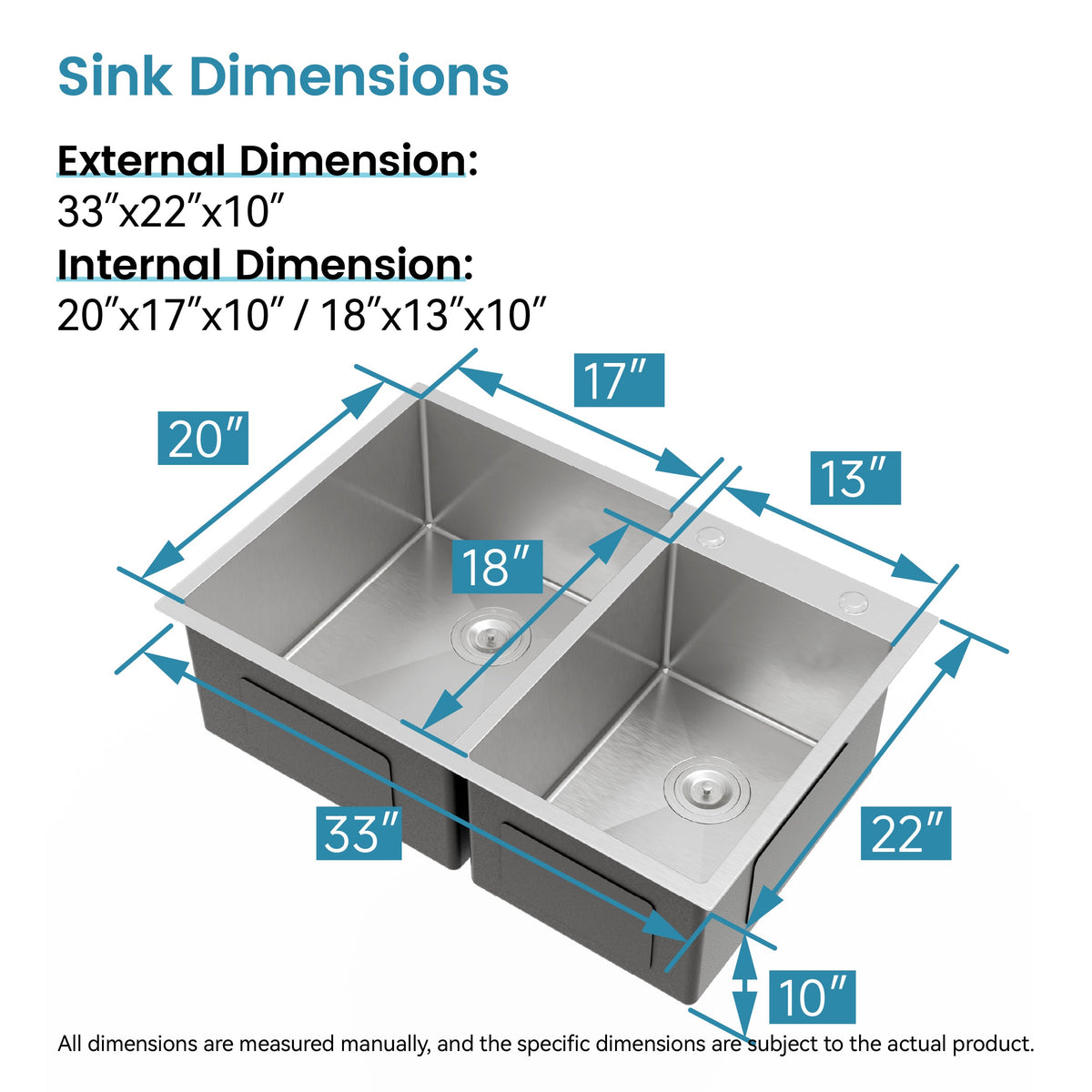 33'x19' Embedded Double Bowl Kitchen Sink, Overmount Handmade Sink in Brushed (Sink only)