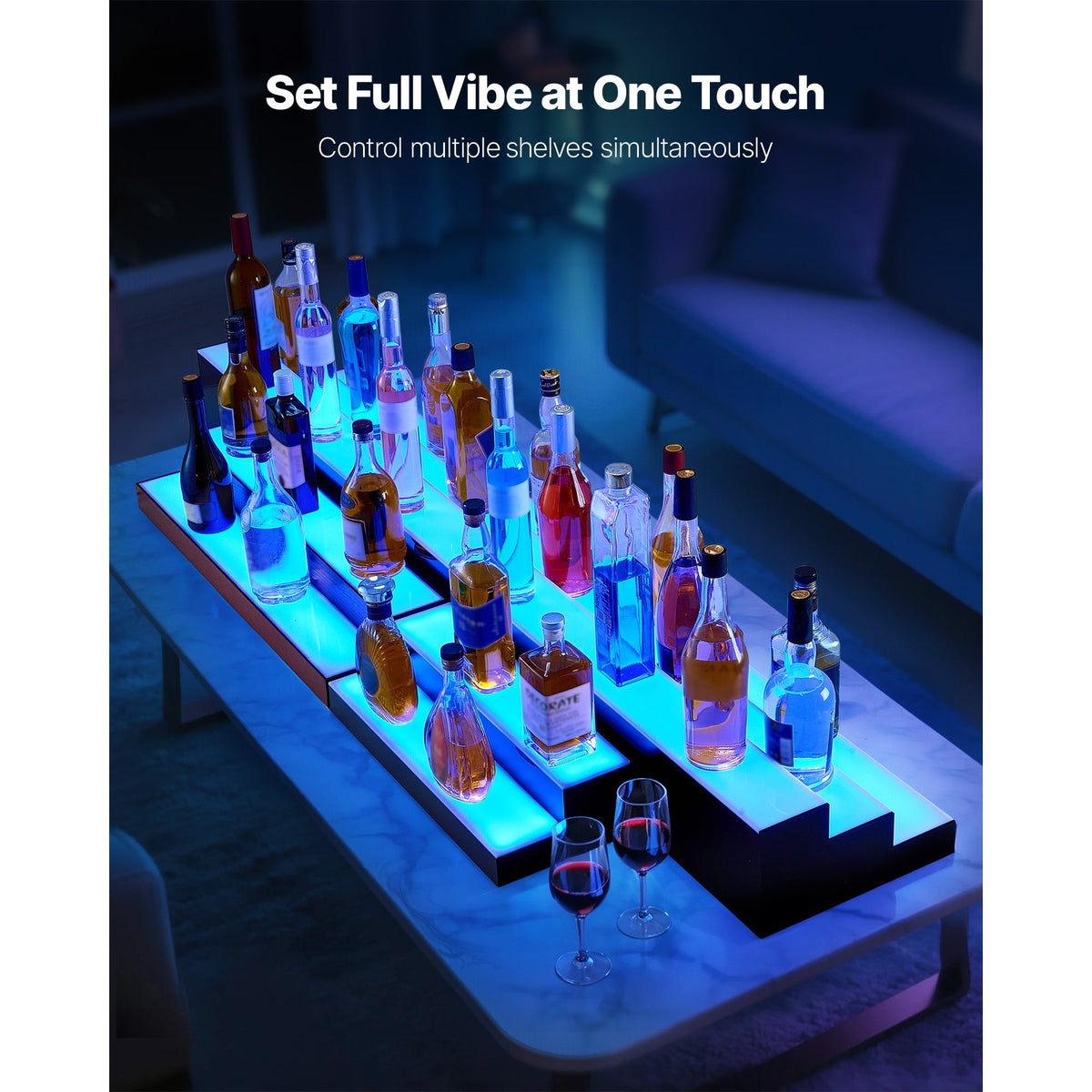 LED Lighted Liquor Bottle Display, 1-Tier 48 Inches Whiskey Rack, Supports USB, Illuminated Home Bar Shelf with RF Remote & App Control, 7 Static Colors, Acrylic Lighted Shelf for 12 Bottles
