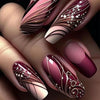LOPMNGHT 24Pcs Press on Nails Medium Length Ballet Shaped Red French False Nails with Lines Design Gloss Artificial Stick on Nails Full Cover Acrylic Coffin Nails Reusable Glue on Nails for Women