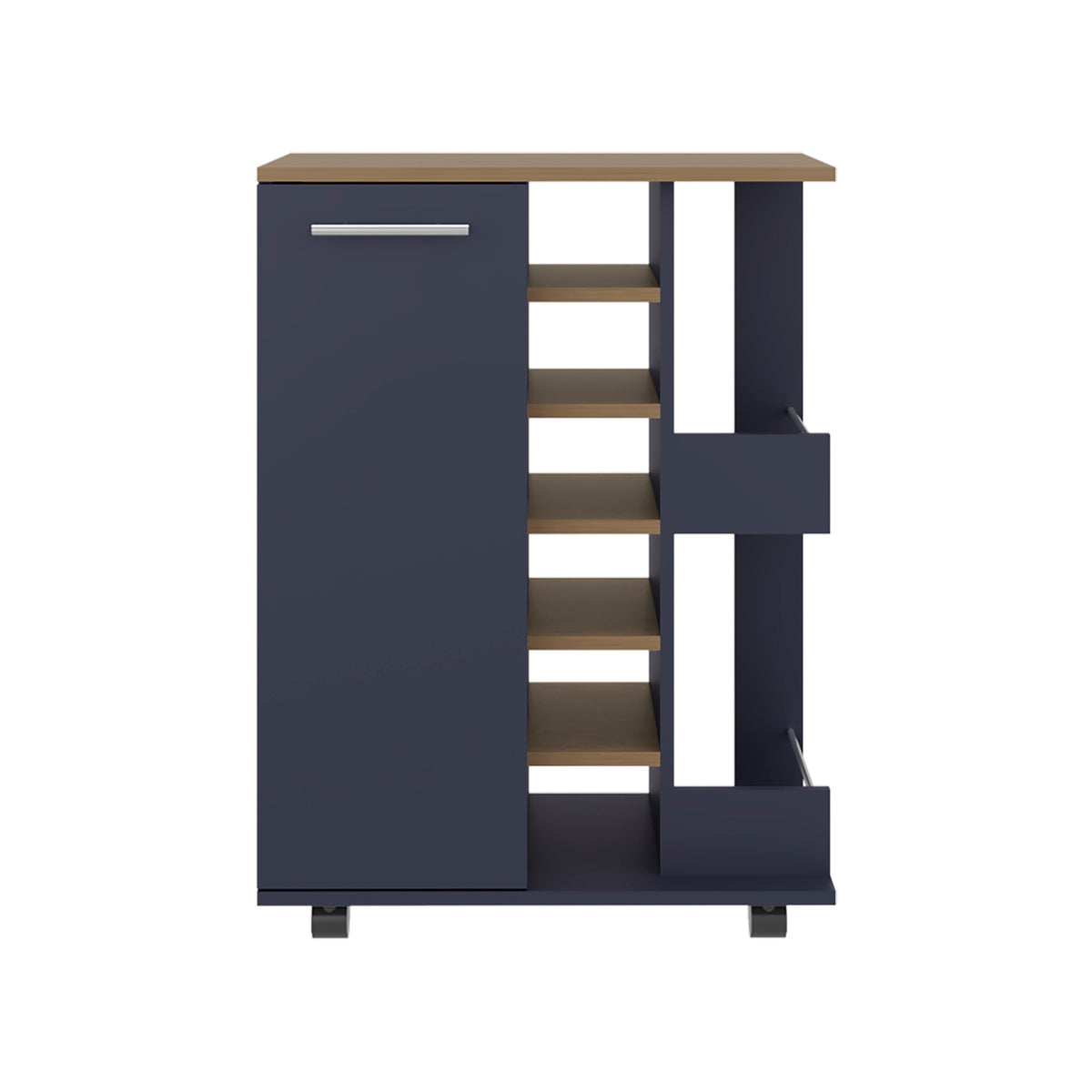 Carefree bar cabinet, bottle racks, double side shelves, modern design in Kronos Ash and Kronos Blue.