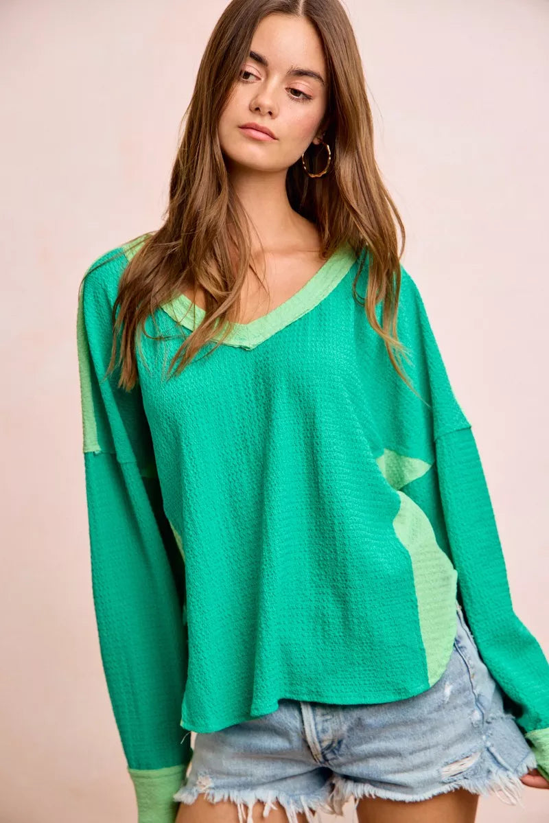 BiBi Textured Jersey Color Block Top With Cut Edge