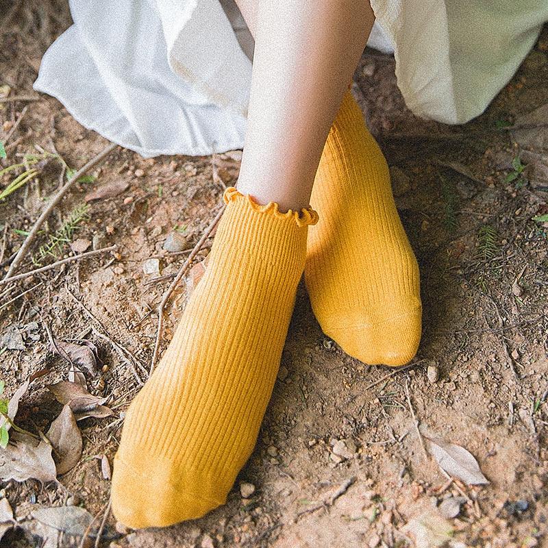 Candy High Quality Lace Solid Color Cute Sweet Girl Fashion Socks Pure Cotton Wood Ear Light Mouth Cotton Novelty Socks Unisex Crew Socks For Men And Women