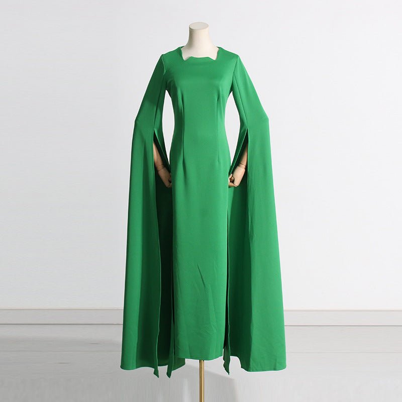 Cape Sleeve Evening Gown | Scalloped Neck Fitted Maxi Dress with Back Slit(MS217)