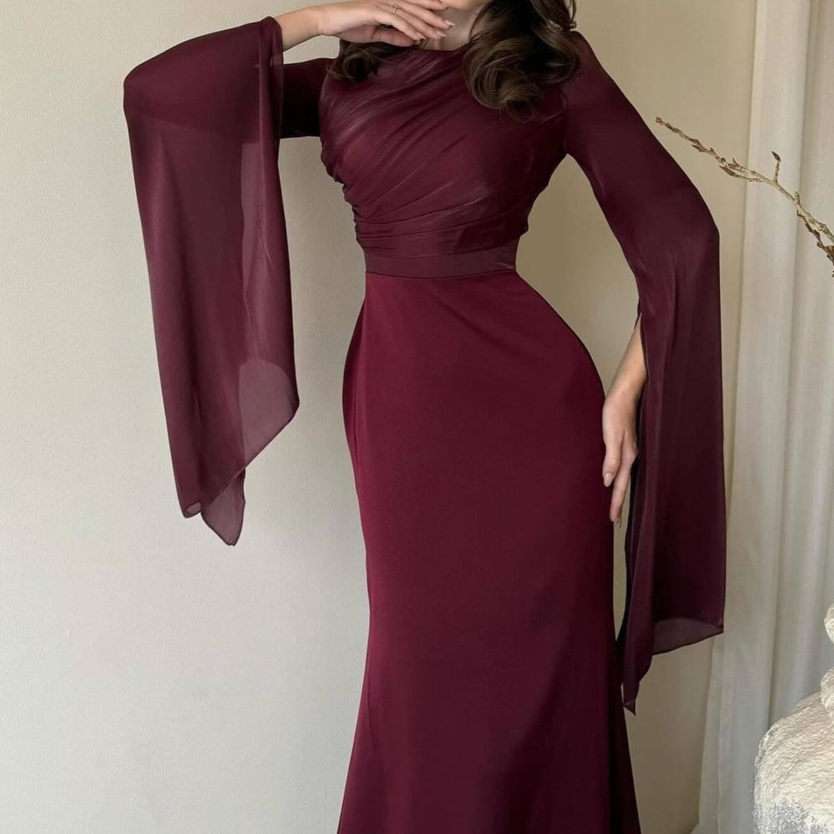 Cape Sleeve Gown with Tie-Back | Fitted Mermaid Maxi Dress(MS230)
