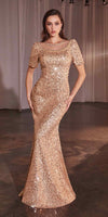 Ladivine CB151 Long Cap Sleeve Fitted Sequin Gown
