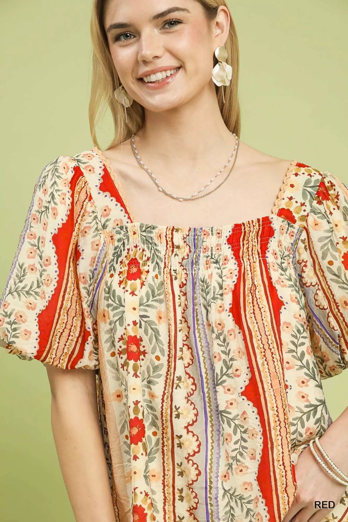 Umgee Patchwork Puff Sleeve Smocked Blouse