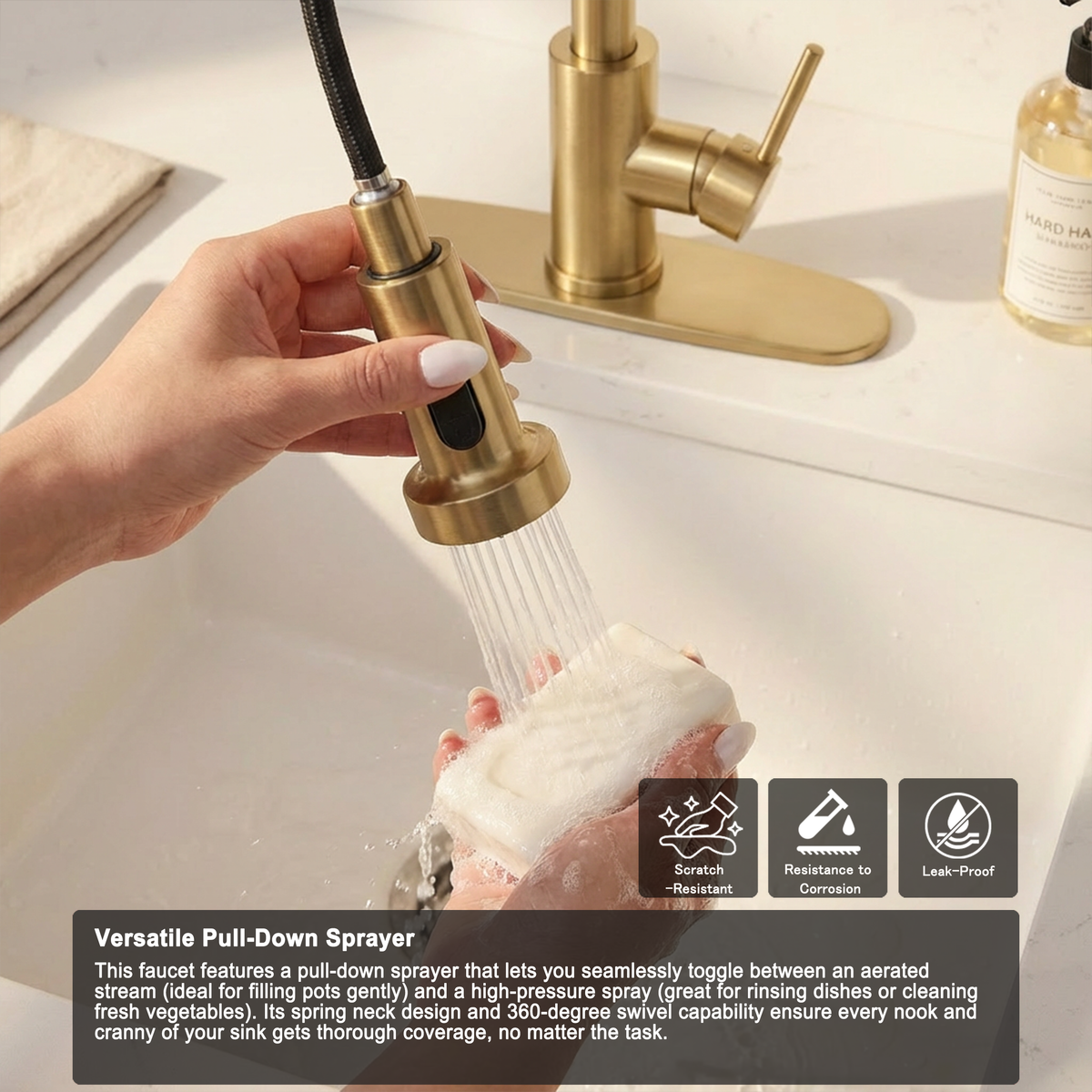 Kitchen Faucet with Pull Down Sprayer Industrial 1 Handle 1 Hole Or 3 Hole Faucet for Farmhouse Camper Laundry Utility Rv Wet Bar Sinks, Stainless Steel, Brushed Gold