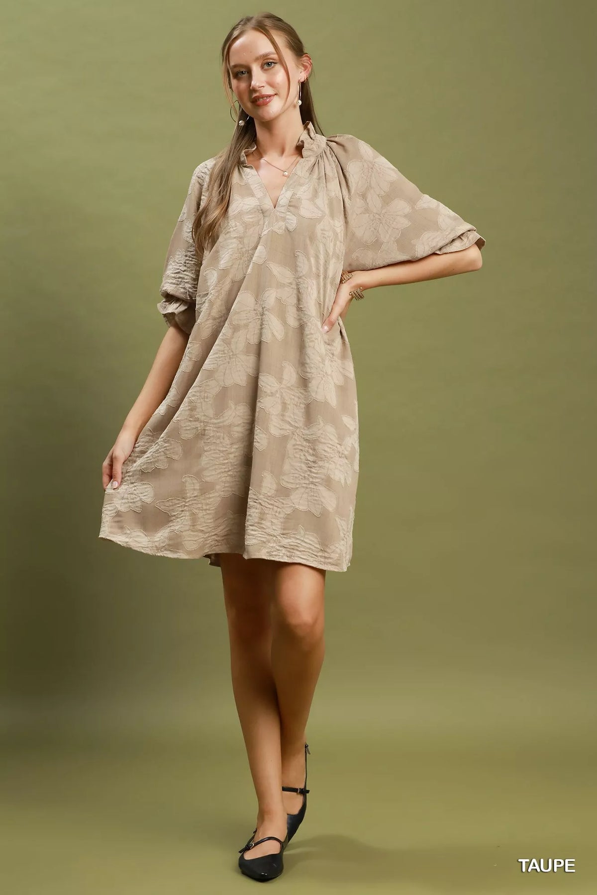 Umgee Floral Textured Jacqaurd V-Neck Dress