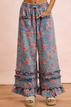 BiBi Washed Floral Denim With Ruffle Elastic Wide Pants