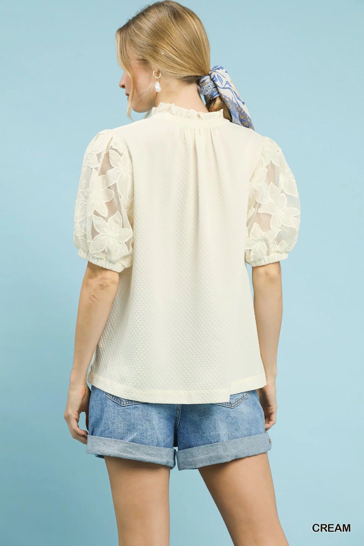 Umgee Textured Blouse with Lace Contrast Sleeves