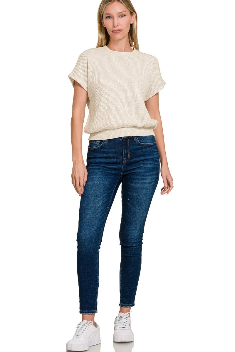 Zenana Round Neck Banded Botton Short Sleeve Sweater