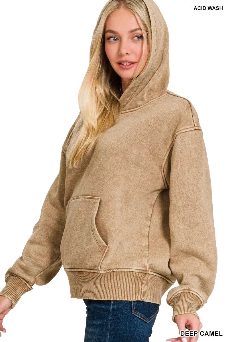 Zenana Fleece Acid Wash Kangaroo Pocket Hoodie