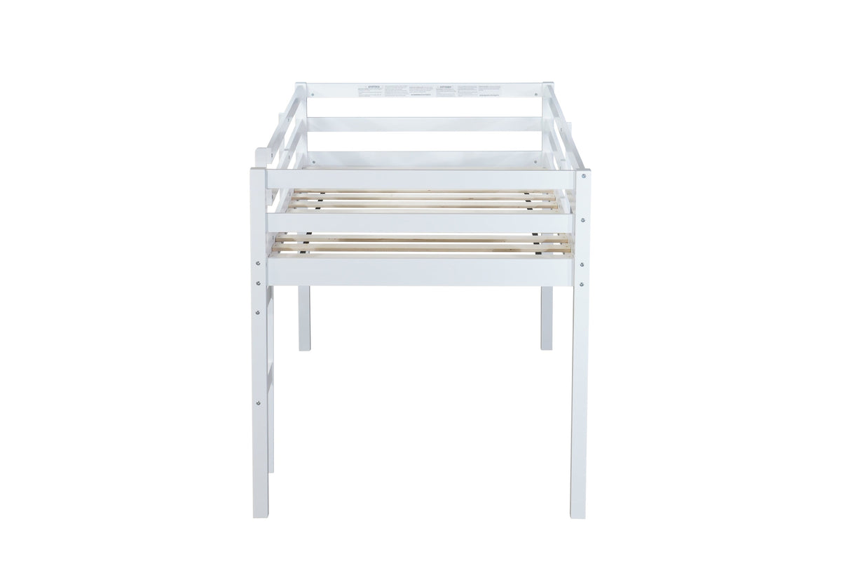 Solid Wooden, Rubber Wooden Twin Loft Bed with Ladder, Bed Platform of Strengthened Slats , White